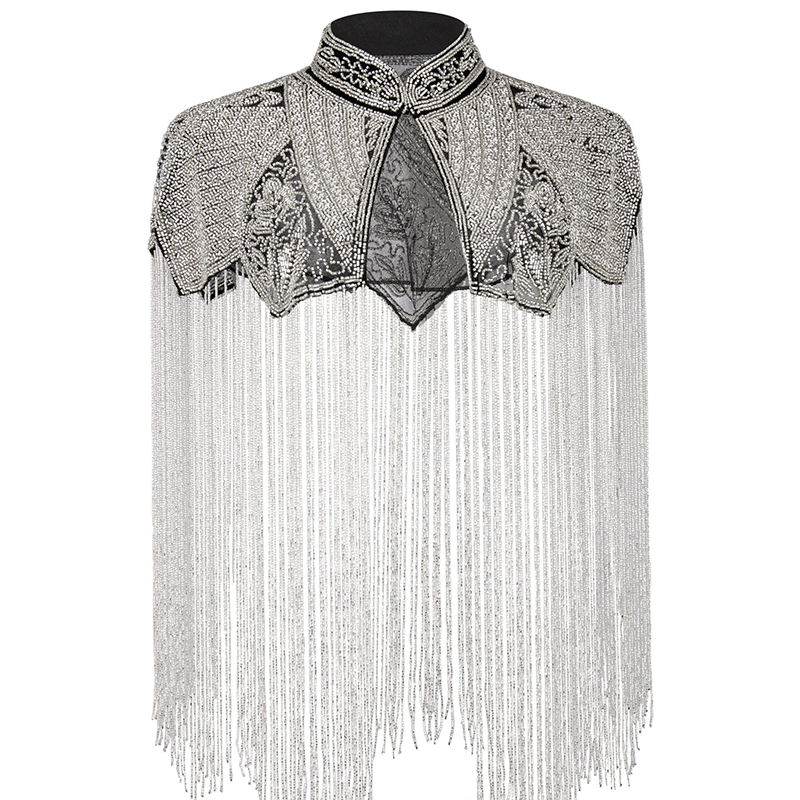 Women Fashion Gown - Delicate Beaded Shawl with Long Tassels