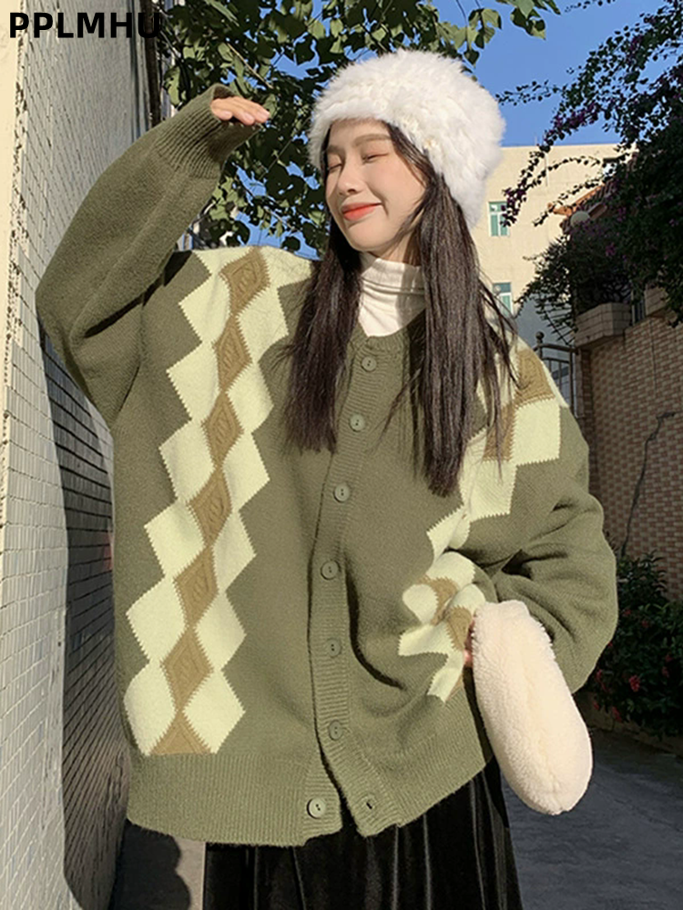 Women'S Fashion Gilet - Baggy Fashion Diamond Grid Knitted Cardigan