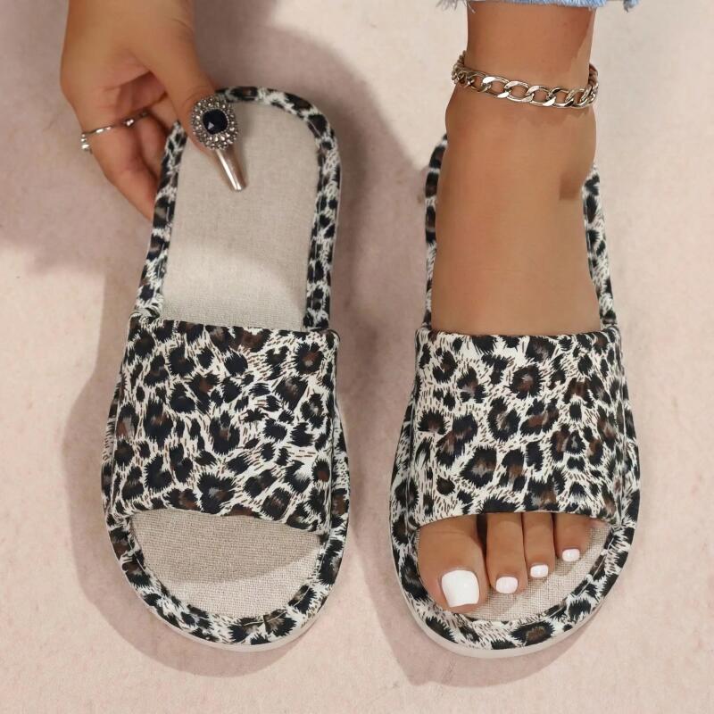 Women Fashion Designer - Linen Leopard Women's Slippers House Flats