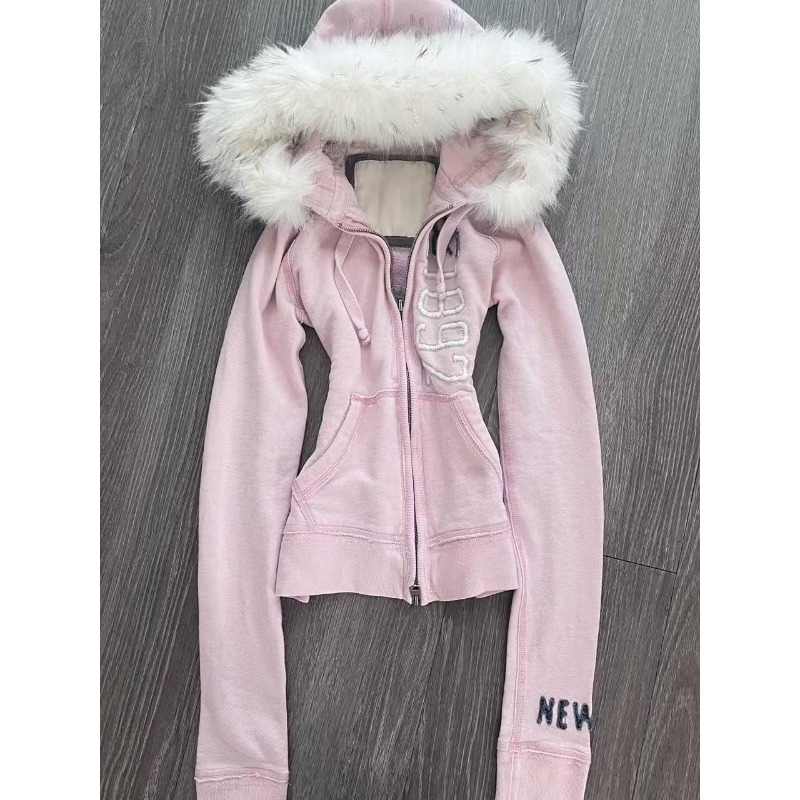 Women'S Fashion Zip Hoodie - American Vintage Pink Furry Hoodie Women