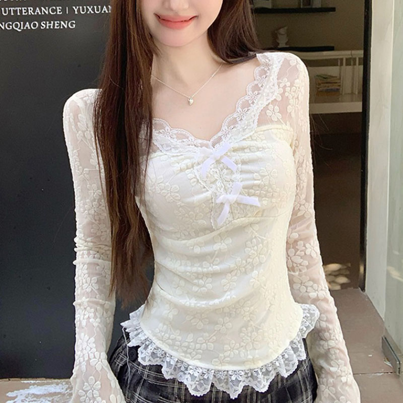 Women Fashion Necklace - Women Long Sleeved T-shirt V-neck Lace