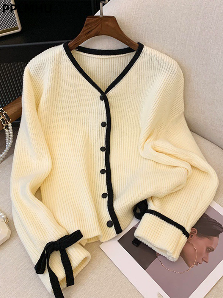 Women'S Fashion Gilet - Baggy Striped V-Neck Knitted Cardigan Soft