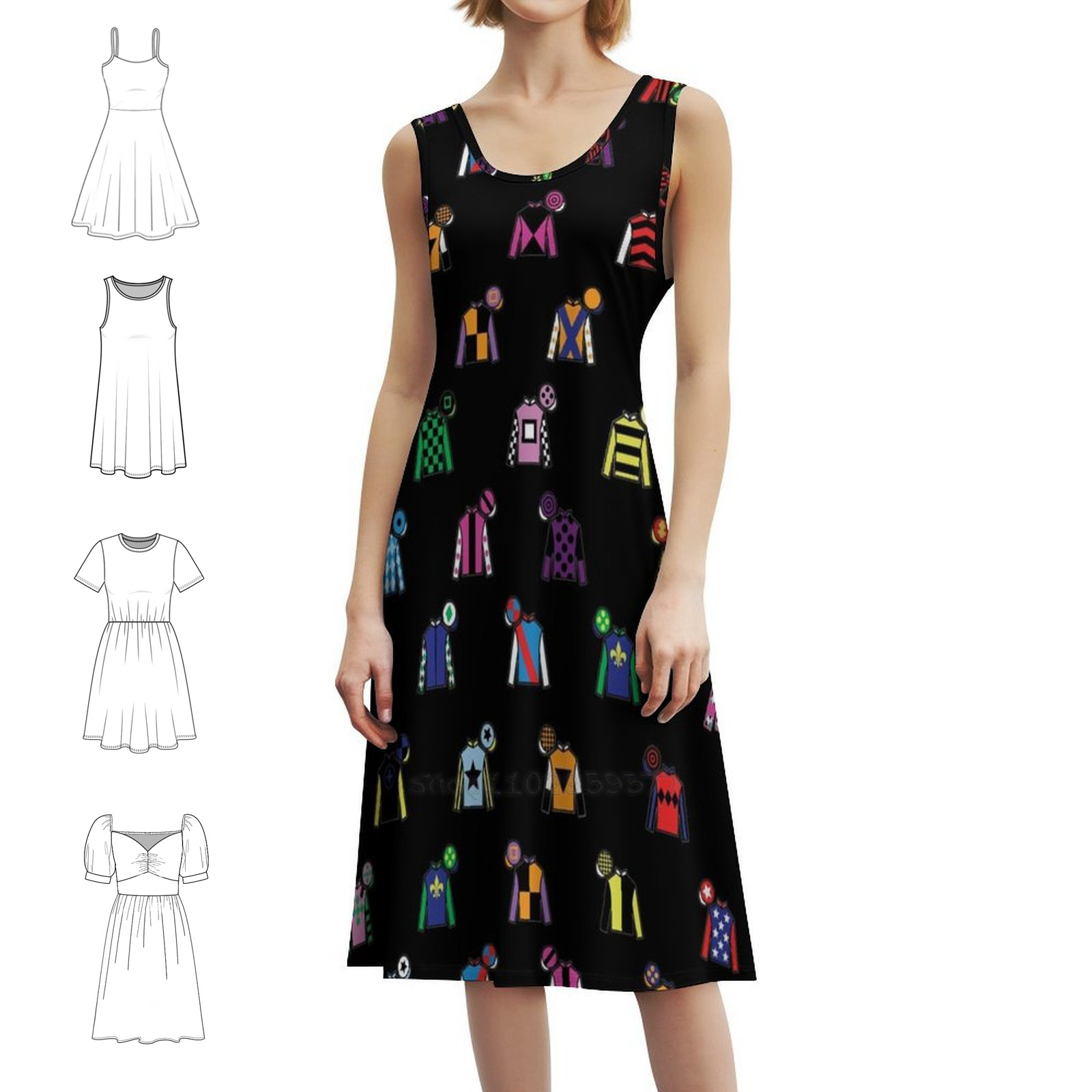 Women Fashion Gown - Horse Racing Jockey Silk Print Black