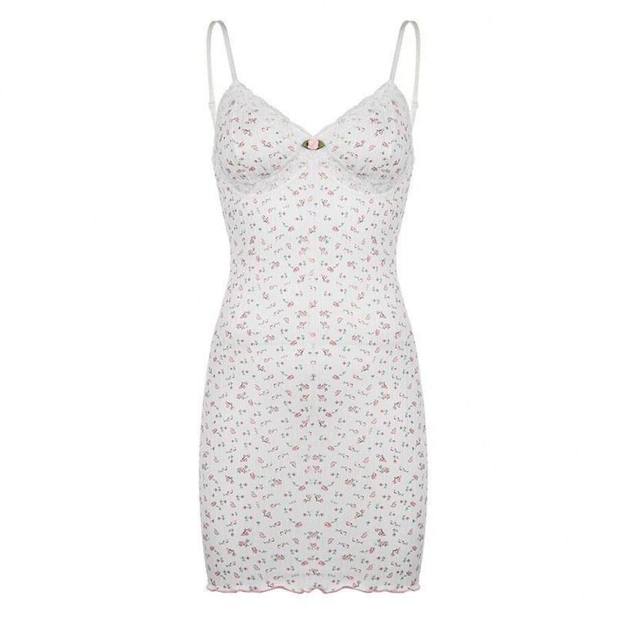 Women Fashion Necklace - Floral Print V-Neck Lace Trim Camisole