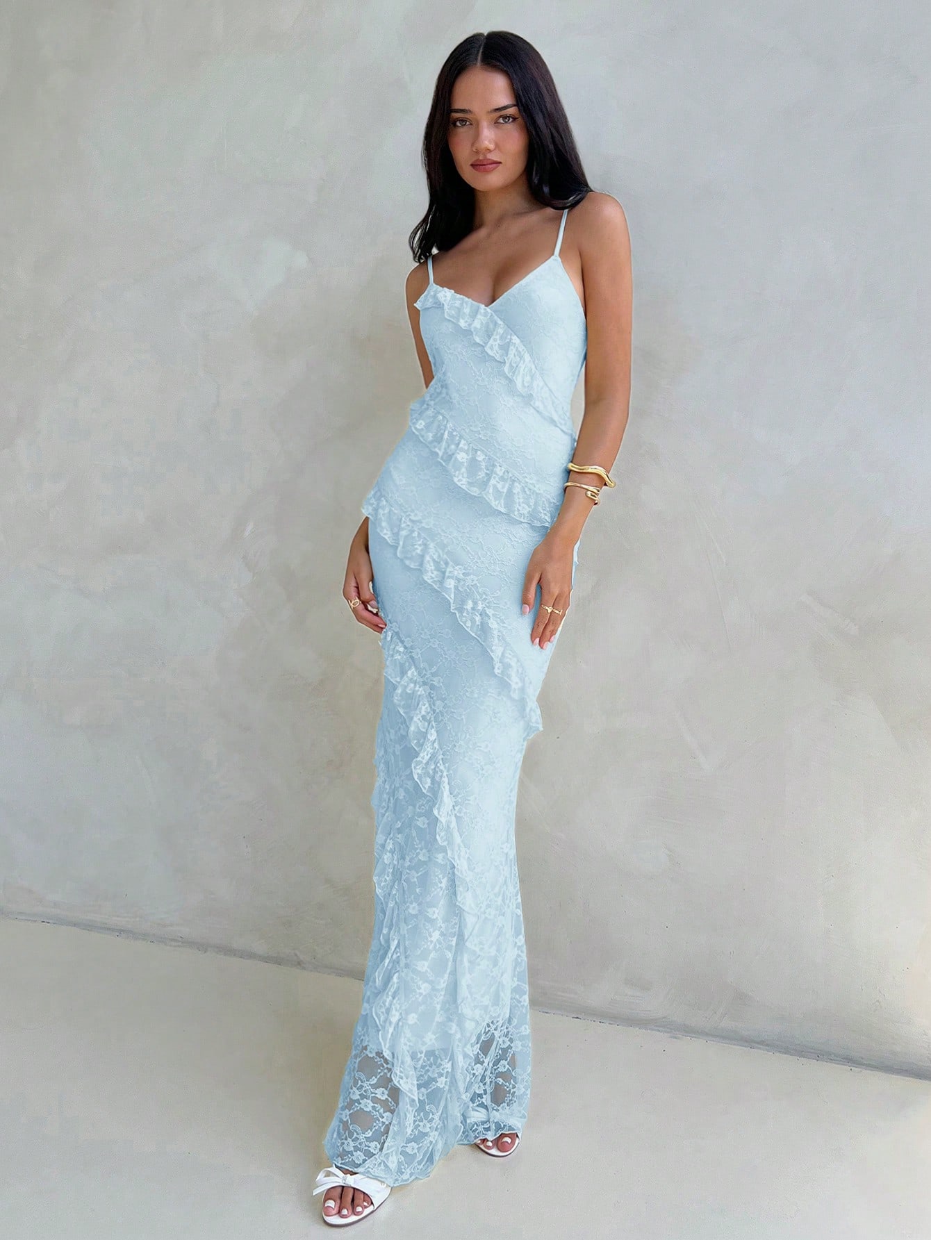 Women Fashion Necklace - Women Solid Color Lace Ruffle Maxi