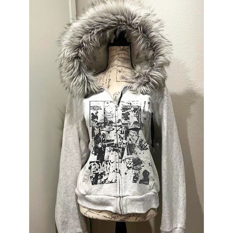Grey Faux Fur Wool Double Zipp - Women'S Fashion Zip Hoodie reseña y precio