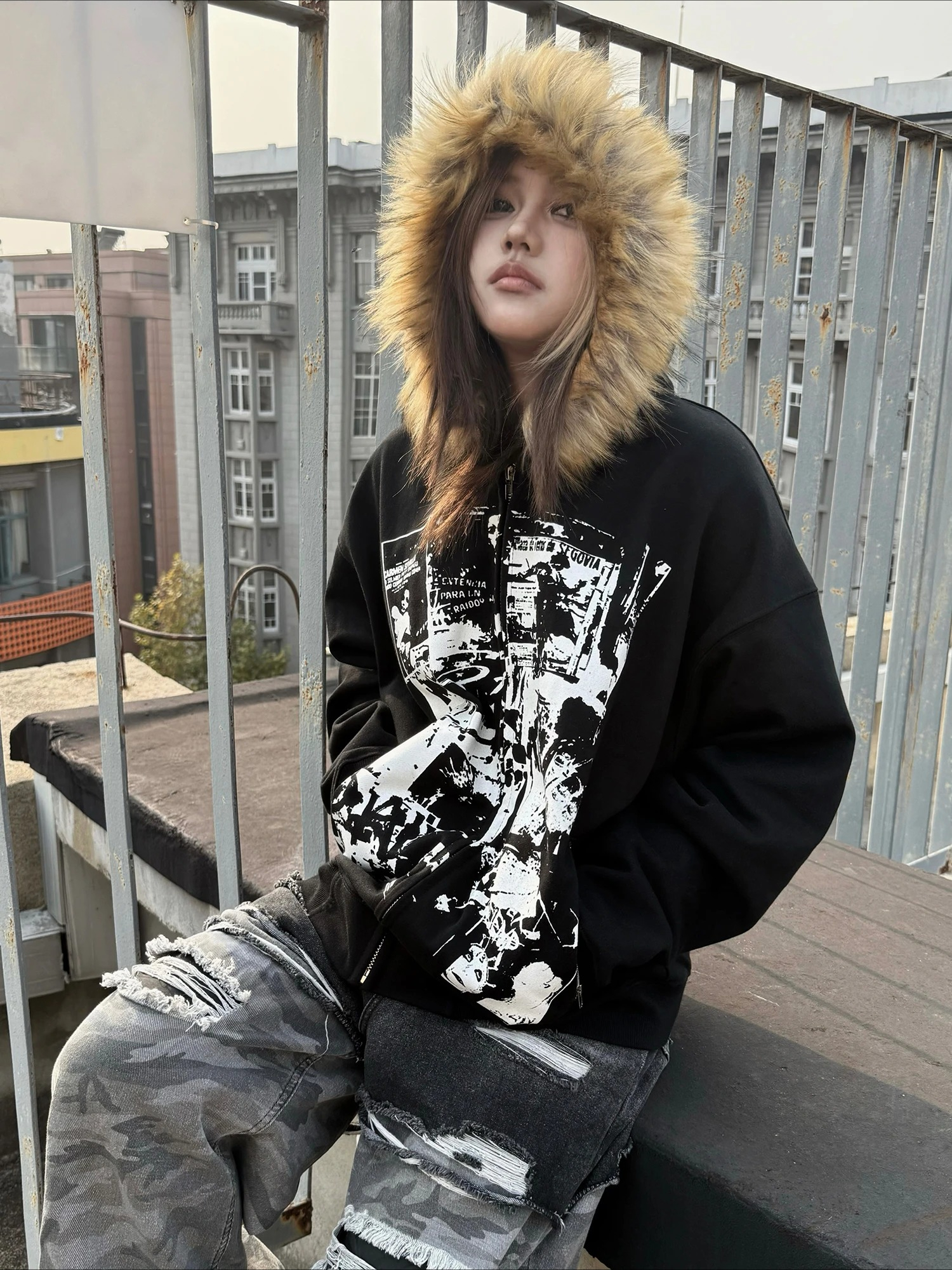 Grey Faux Fur Wool Double Zipp - Women'S Fashion Zip Hoodie reseña y precio