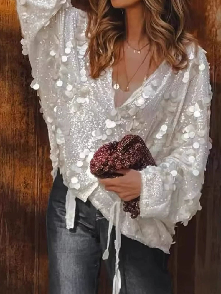 Shiny lace up V-neck solid col - Women'S Fashion Knitwear reseña y precio