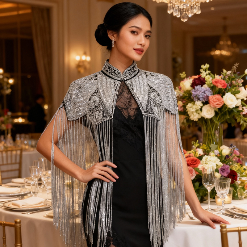 Delicate Beaded Shawl with Lon - Women Fashion Gown reseña y precio