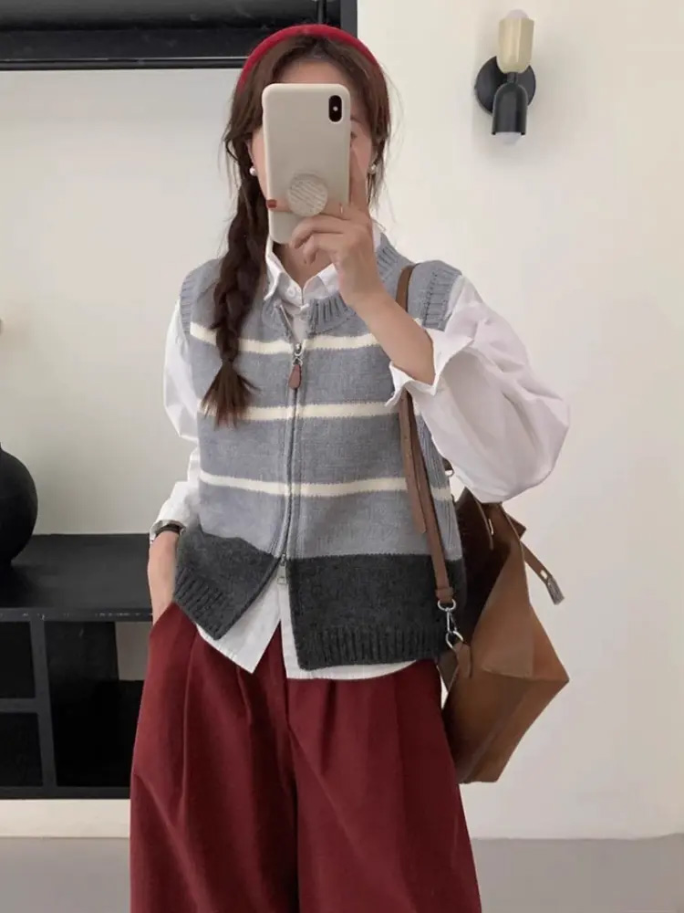 Striped Zipper Cardigan Knitte - Women'S Fashion Gilet reseña y precio