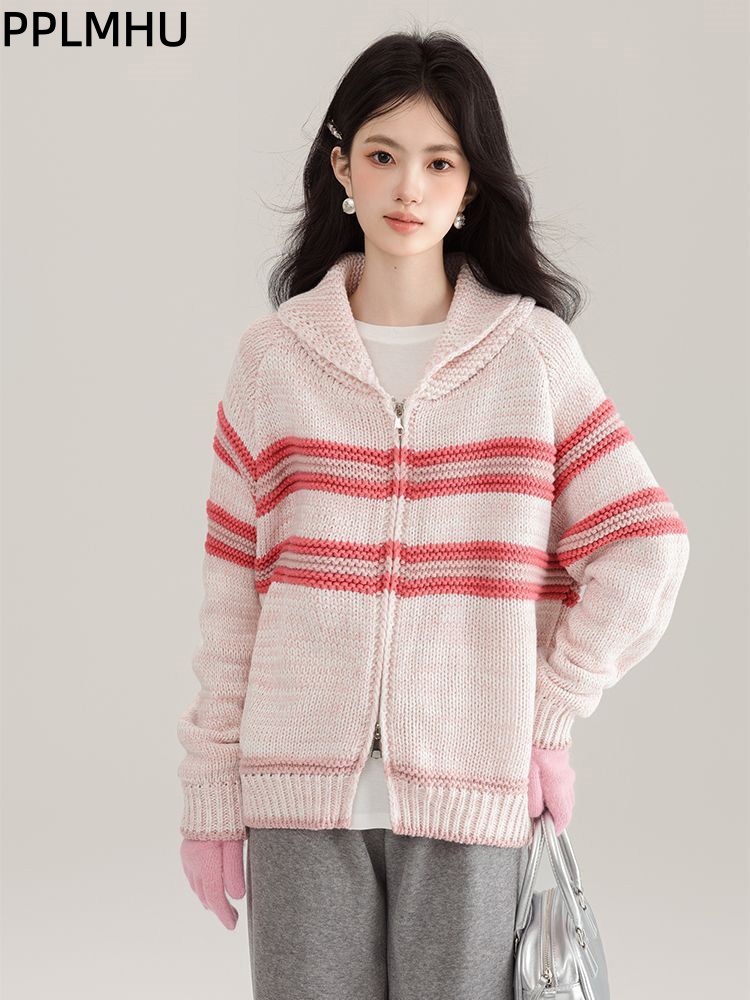 Turn-Down Collar Striped Knitt - Women'S Fashion Gilet reseña y precio