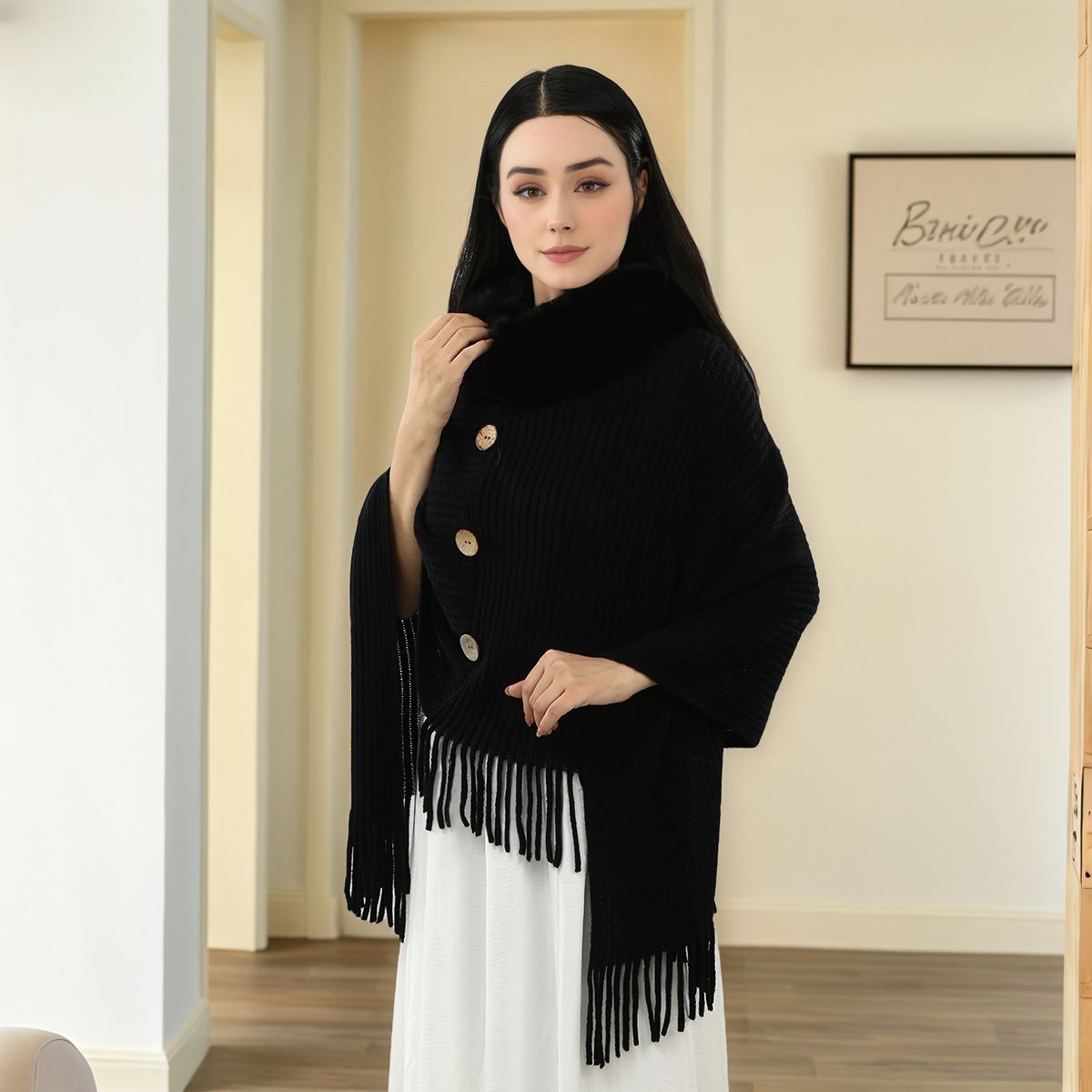 Fur Collar Shawl Knitted Sweat - Women'S Fashion Knitwear reseña y precio